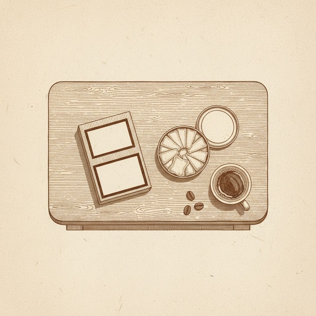 Ett cigarettpaket med varningsfält och en öppnad dosa vitt snus på ett köksbord, ritat i gravyrmalm.