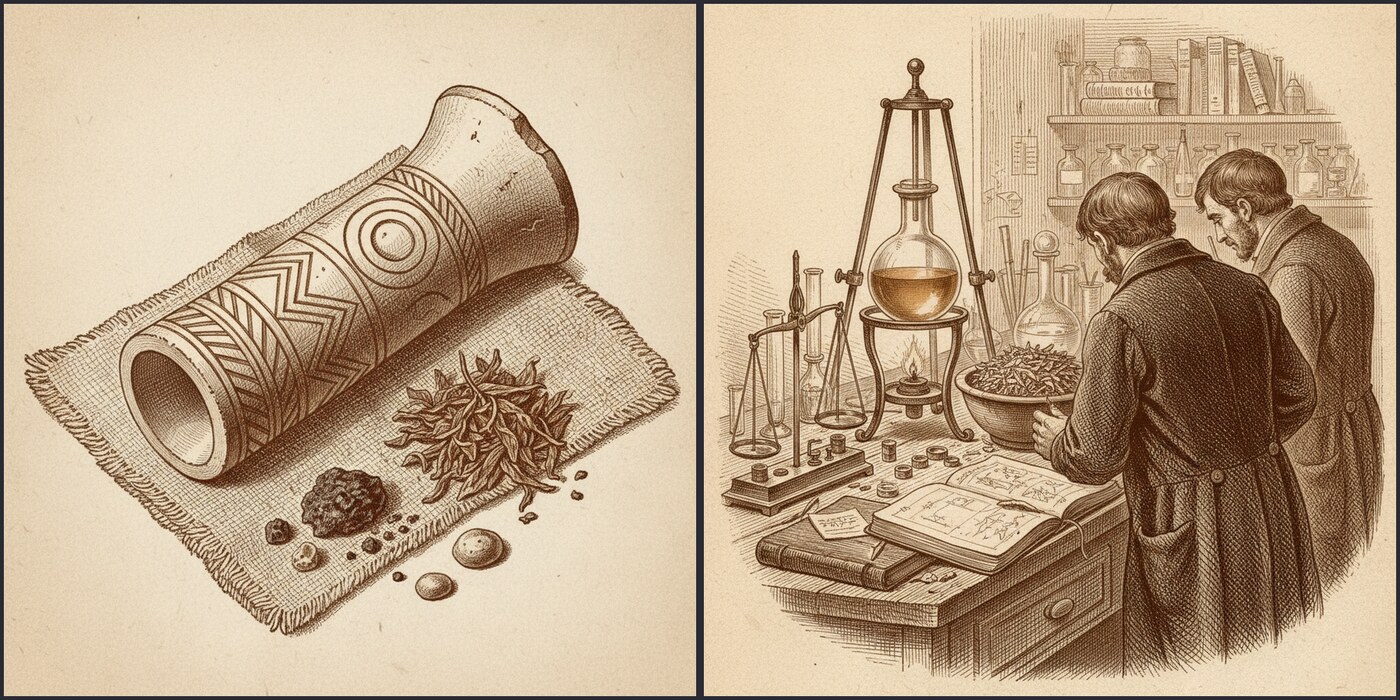 Till vänster en rökpipa från utgrävningen i Alabama, till höger ett laboratorium från 1828.